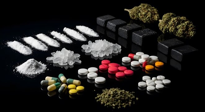 Assorted and pills on black background with buds and hash blocks capsules tablets white powder