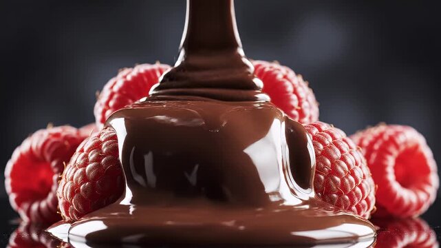 Fresh red raspberries with melted dark chocolate drizzled on top, offering a tempting and appetizing view