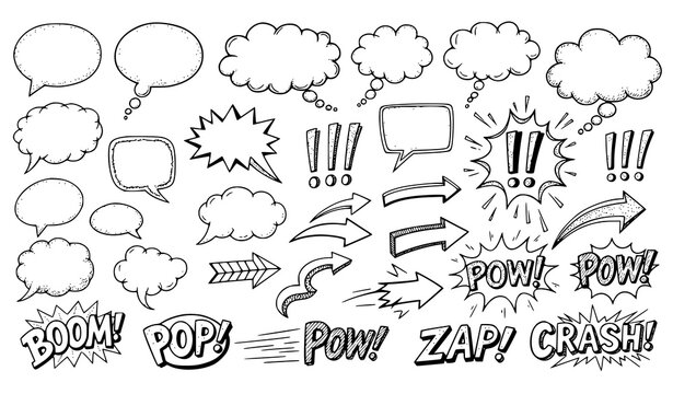 Comic speech bubbles vector doodle set black sound effects clouds arrows
