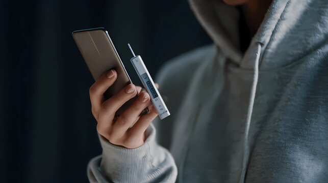 Close-up of digital thermometer connected to mobile app for health tracking, Generative AI illustrations.