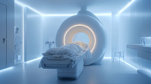 Advanced medical imaging scanner in a futuristic clinical environment, Generative AI illustrations.