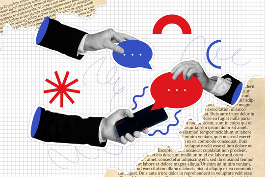 Composite photo collage of hands hold iphone device text box correspondence email communication messenger isolated on painted background