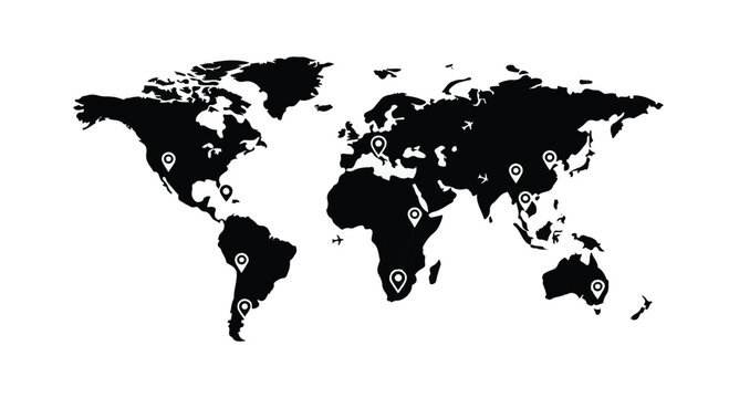 World Map Silhouette with Location Pins for Global Mobility and International Immigration