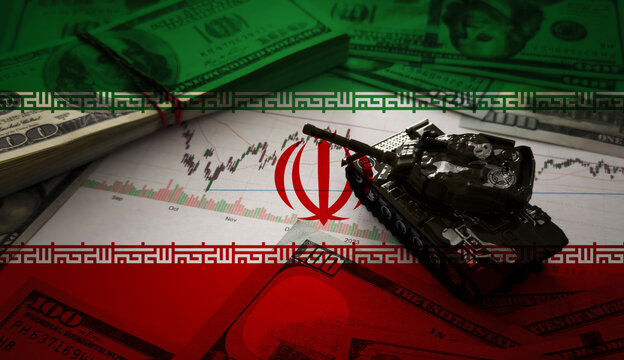 Iranian army toy tank drive on iranian bills of rial currency on flag of Islamic Republic of Iran close up
