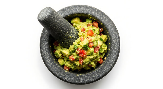 Fresh homemade chunky guacamole with avocado and tomato in a stone mortar and pestle guacamole appetizer ingredient vegetable culinary molcajete