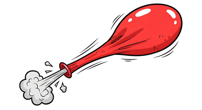 Red deflating balloon illustration flying through air while releasing gas and shrinking on a white background cartoon style drawing with deflating