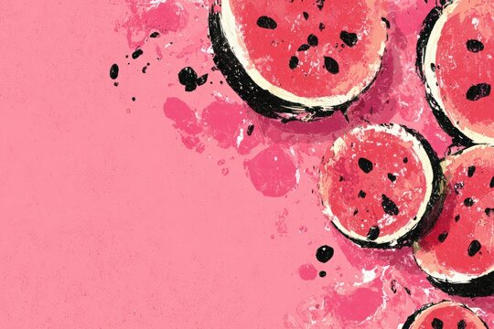 Minimalist watermelon agua fresca illustration with pink liquid splashes and vibrant watermelon slices, featuring negative space for creative design applications