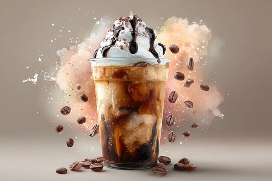 Watercolor illustration of iced coffee topped with whipped cream, chocolate drizzle, and coffee beans, set against a soft abstract background with vibrant colors and textures