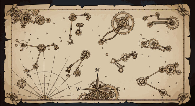 Intricate steampunk map displaying celestial constellations formed by gears and clockwork