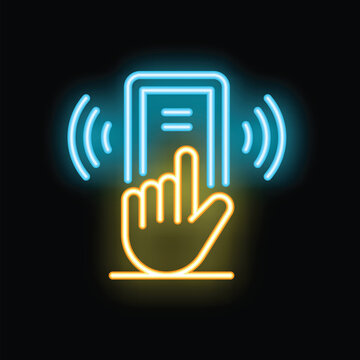 Neon sign icon of a hand touching a smartphone screen, symbolizing mobile phone interaction and digital technology
