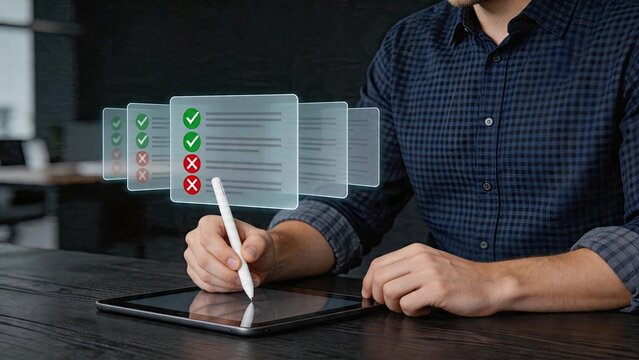 Businessman using digital tablet and stylus pen for online voting checking list of options with green checkmarks and red crosses on holographic screen in modern office environment
