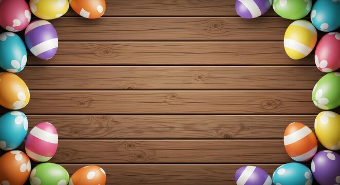 Colorful easter eggs border on rustic wooden background