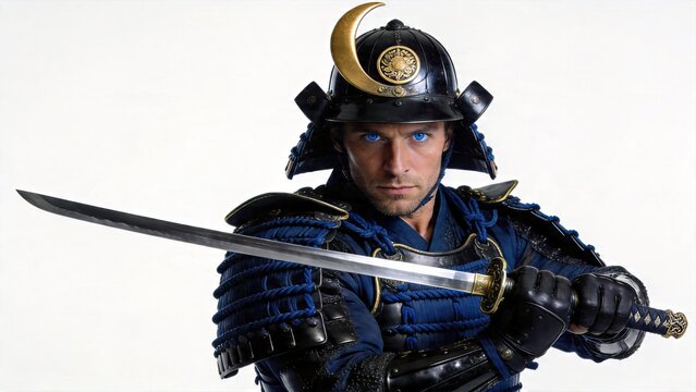 Male samurai warrior in traditional blue lacquer armor holding katana Japanese historical costume with crescent moon helmet ornament intense gaze white studio background martial