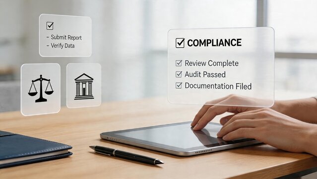Business compliance legal auditing submit report verify data review complete audit passed documentation filed on tablet