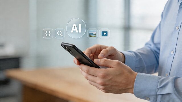 Businessman using smartphone artificial intelligence interface concept futuristic digital technology mobile app interaction programming symbols search function media icons coding