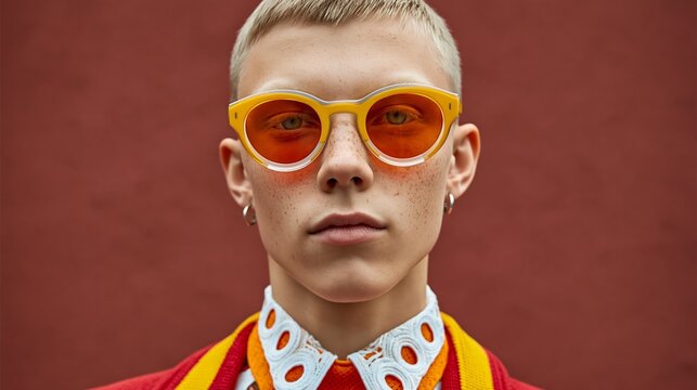 Young male model with short blonde hair wearing oversized yellow sunglasses and a red and orange outfit poses against a solid red background for a fashion editorial shoot