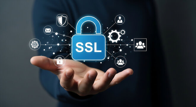 Digital Security: A person's hand cradles a luminescent digital lock, symbolizing robust security measures, with interconnected icons depicting data protection, and secure data transfer.