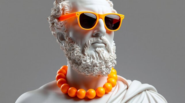 Classical marble bust of a philosopher wearing bright orange sunglasses and a beaded necklace, set against a neutral gray background