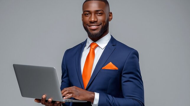 African American businessman in a blue suit and orange tie holds a laptop, smiling confidently against a gray background, showcasing professional attire and modern technology