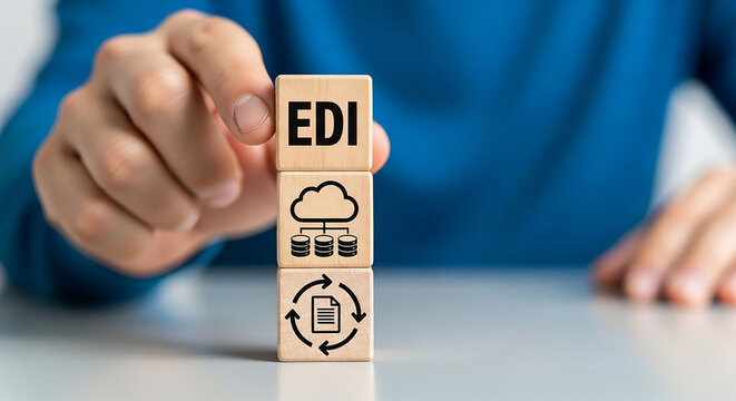 Digital data Blocks: A conceptual representation of electronic data interchange (EDI), symbolized by stacked wooden blocks, conveying concepts of data transfer and information exchange. 