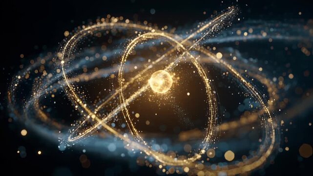 A glowing gold and blue atom made of digital particles on a dark background. Nuclear energy, quantum physics, scientific discovery.