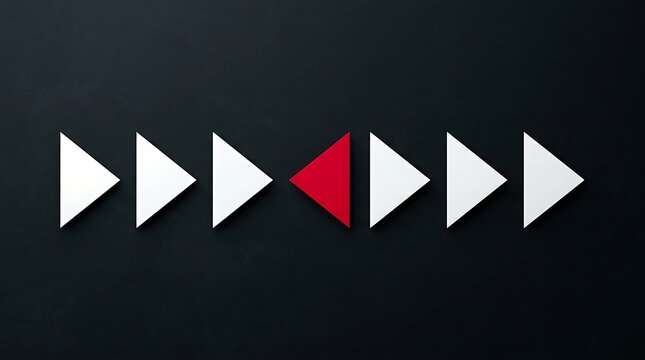 Individuality concept red arrow facing left amidst white arrows pointing right, symbolizing unique perspective, defiance, and standing out