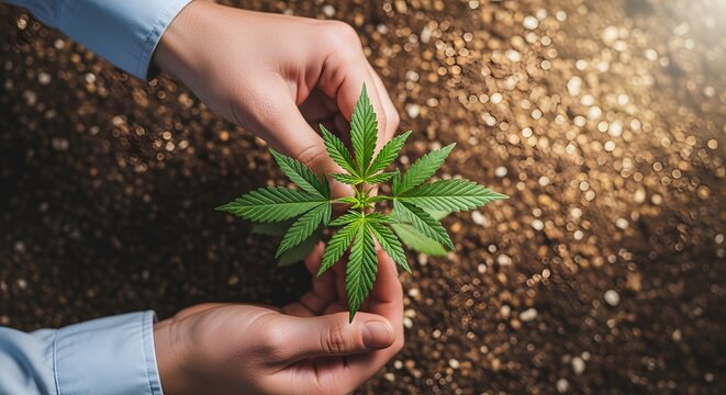Hands holding a young cannabis plant over soil