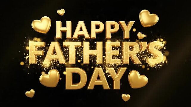 Gold glitter hearts and happy father's day text on black background, celebration concept