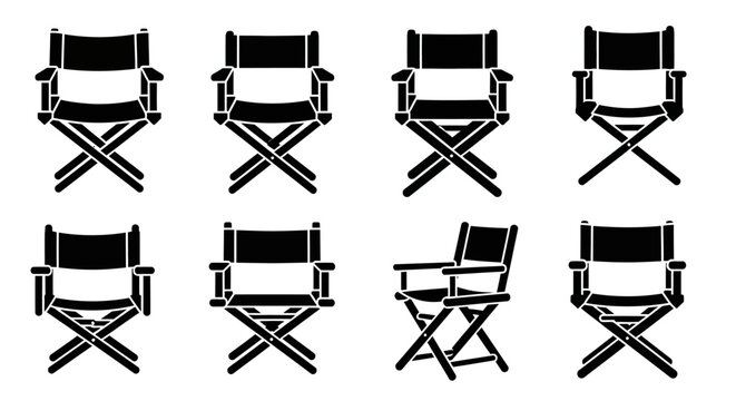 Director Chairs Collection: Front and Side Views, Black and White Icons