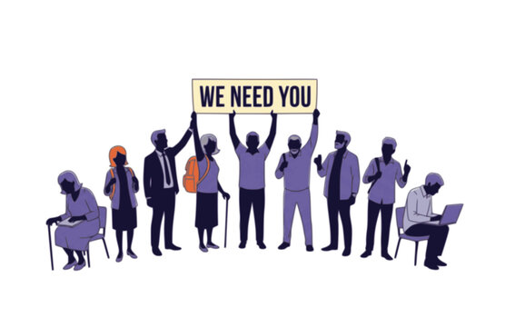 Cartoon People Holding We Need You Banner Silhouette. Black Vector Silhouette of Diverse Group for Recruitment and New Vacancy Concept.