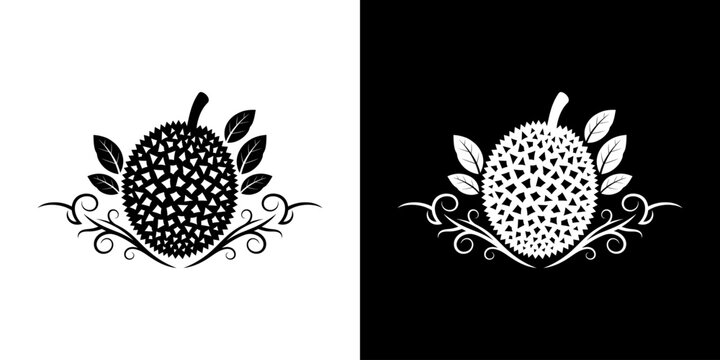 Tropical Durian Fruit Vector Icon with Ornamental Leaves, Balanced Black and White Design