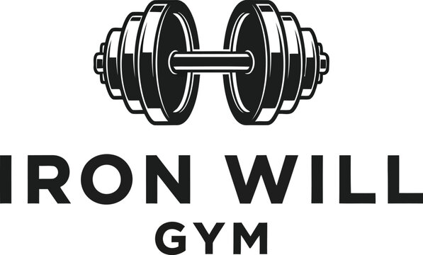 A logo for Iron Will Gym featuring a dumbbell icon and bold text on a white background
