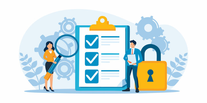 Data security and compliance check with professionals reviewing checklist details