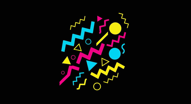Abstract geometric shapes in vibrant neon colors against a black background