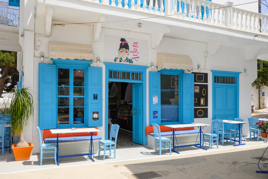 Amorgos, Greece- May 20, 2024: Greek coffeehouse in Katapola on the island of Amorgos. Cyclades, Greece