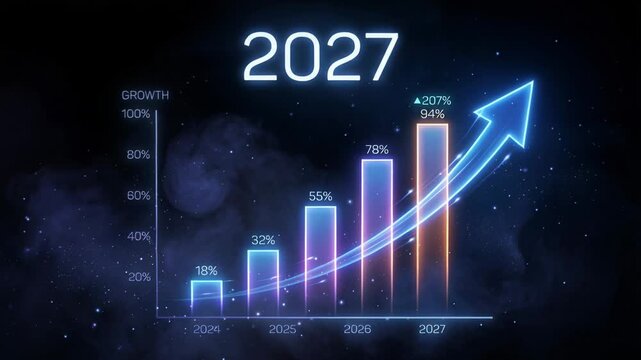 Financial progress graph showing growth trend towards 2027. Digital business statistics chart with glowing arrow highlighting success and future economic forecast.