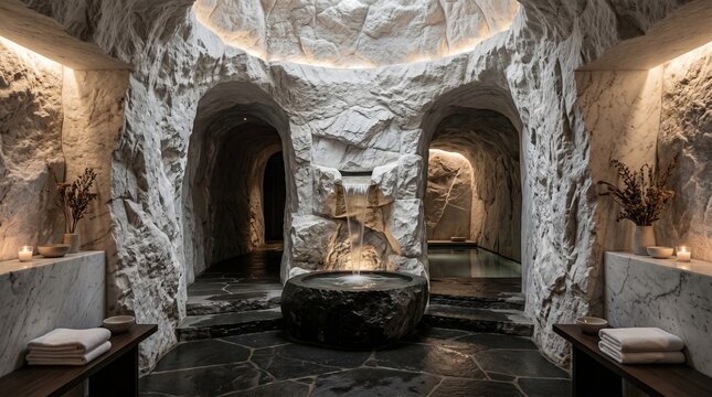 Enclosed indoor patio featuring rough fieldstone wall and hanging gardens