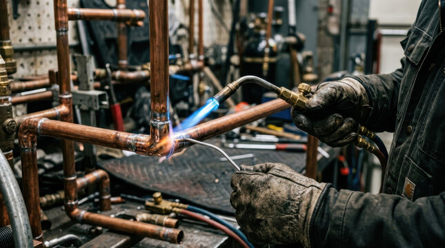 Copper pipe welding in workshop with gloved hand and blue flame for plumbing repair