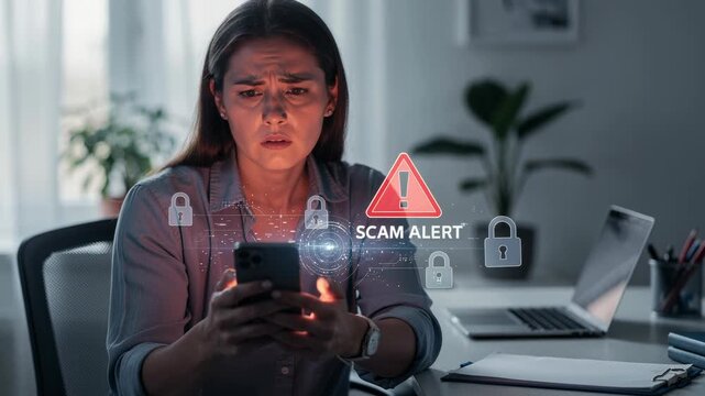 Worried woman receiving scam alert on smartphone with security icons and digital protection concept