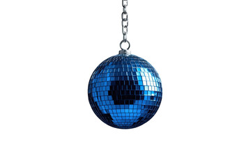 Fototapeta premium Blue mirror disco ball hanging on a chain, reflecting light, concept of party, celebration, event, dance nightlife