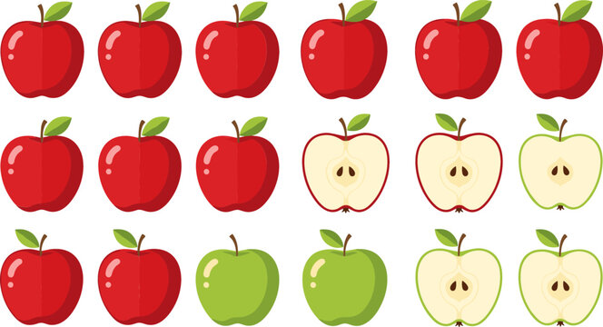Vector Set of Red and Green Apples, Sliced and Whole, for Food, Healthy Eating, and Nutrition Designs