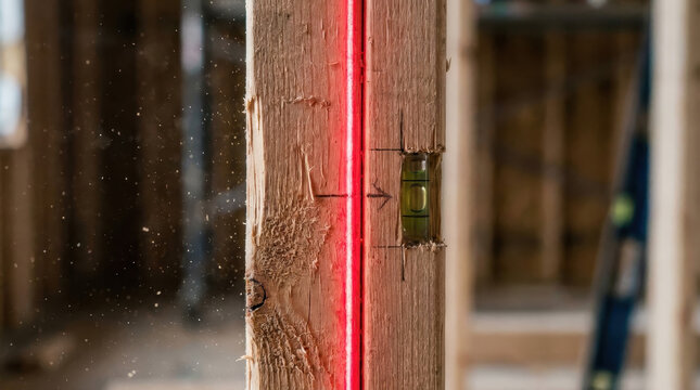 Laser line on wood stud, construction level check, carpentry measurement, rough lumber frame, indoor building site