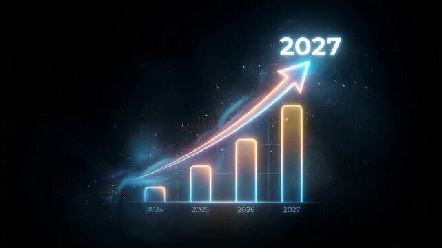Glowing neon bar chart showing upward growth trend towards 2027. Digital business progress concept with rising arrow for annual success and New Year projection.
