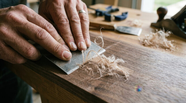 Hand using card scraper wood smoothing woodworking tool wood surface close up craft carpentry manual work