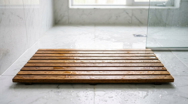 Teak wood floor mat in minimal bathroom with wet tile and glass shower