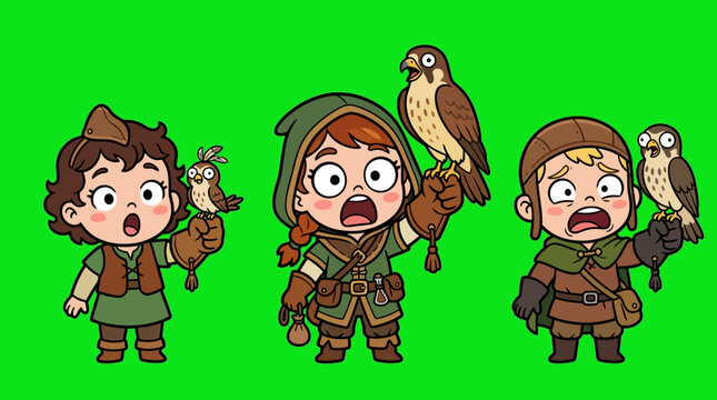 Cartoon Falconers with Birds of Prey on Green Background.