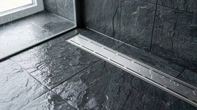 Linear drain shower floor walk shower bathroom tile stone wet drainage stainless steel modern bathroom dark tile floor drain shower drain interior home clean sleek minimal architecture fixture