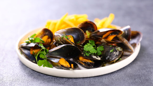 traditional moules-frites with steamed mussels and french fries, classic belgian and french cuisine seafood platter with parsley, conceptual delicious gourmet meal and coastal dinner