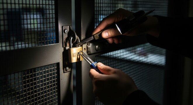Close-up of hands lockpicking a padlock on a metal gate