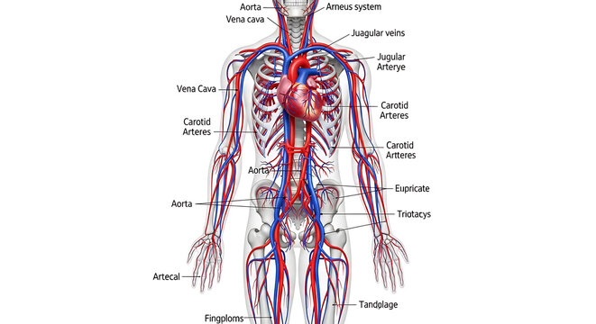 A detailed illustration of the human circulatory system with labeled arteries and veins.